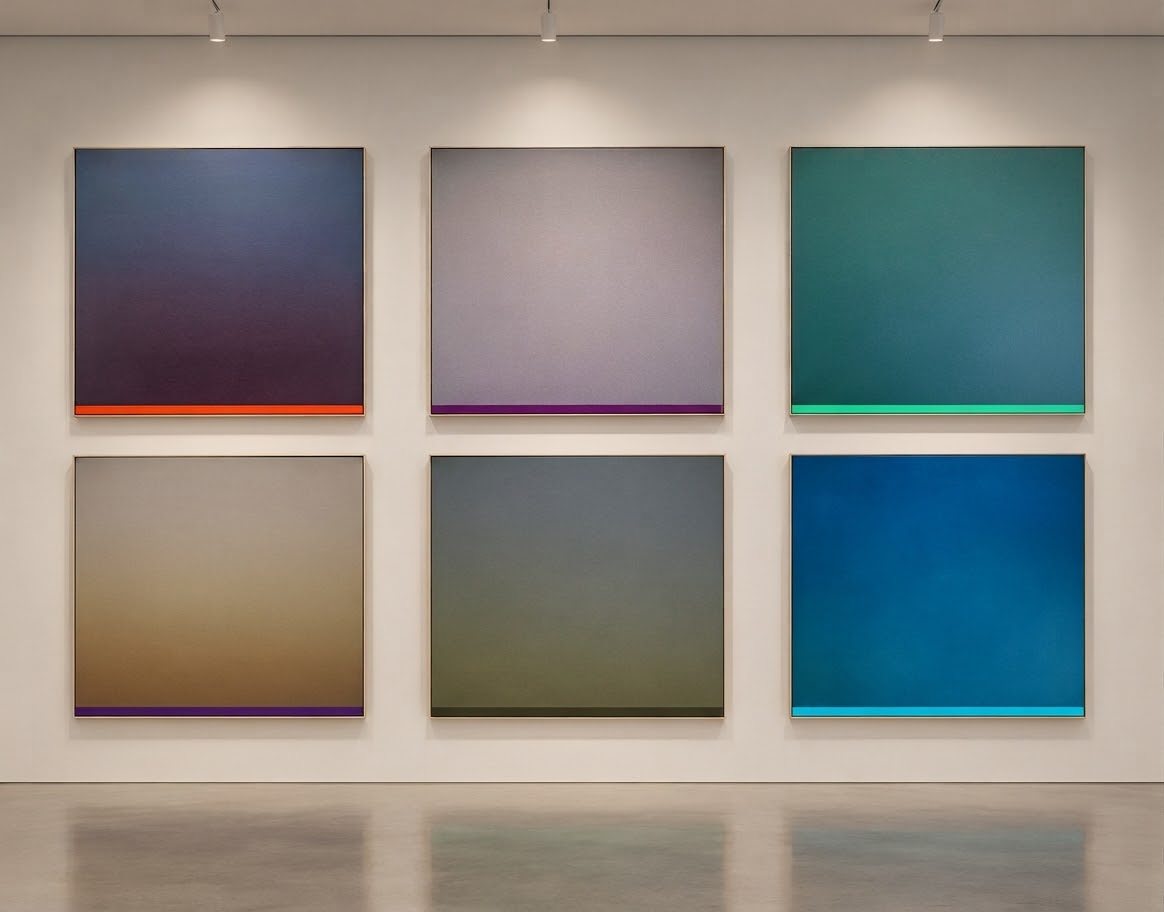 Seis cuadros de colores expuestos en una pared